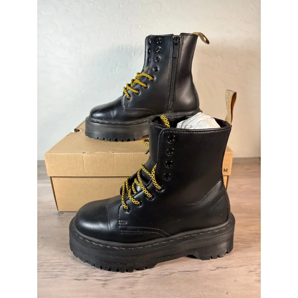 Dr.‎ Martens Jadon Black Leather Platform Boots Side Zip Chunky Quad Sole Mens 6